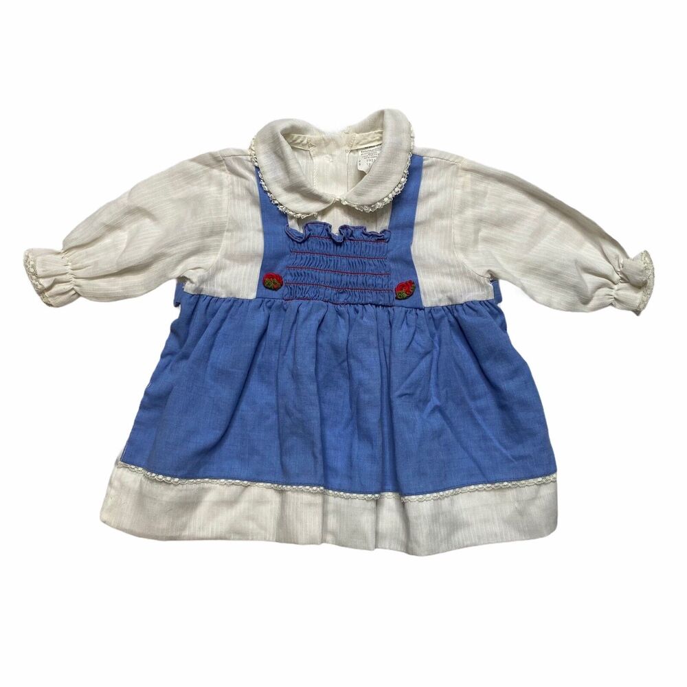Vintage 80s Pinafore Long Sleeve Peter Pan Collar Dress Blue White Baby Girl 18M